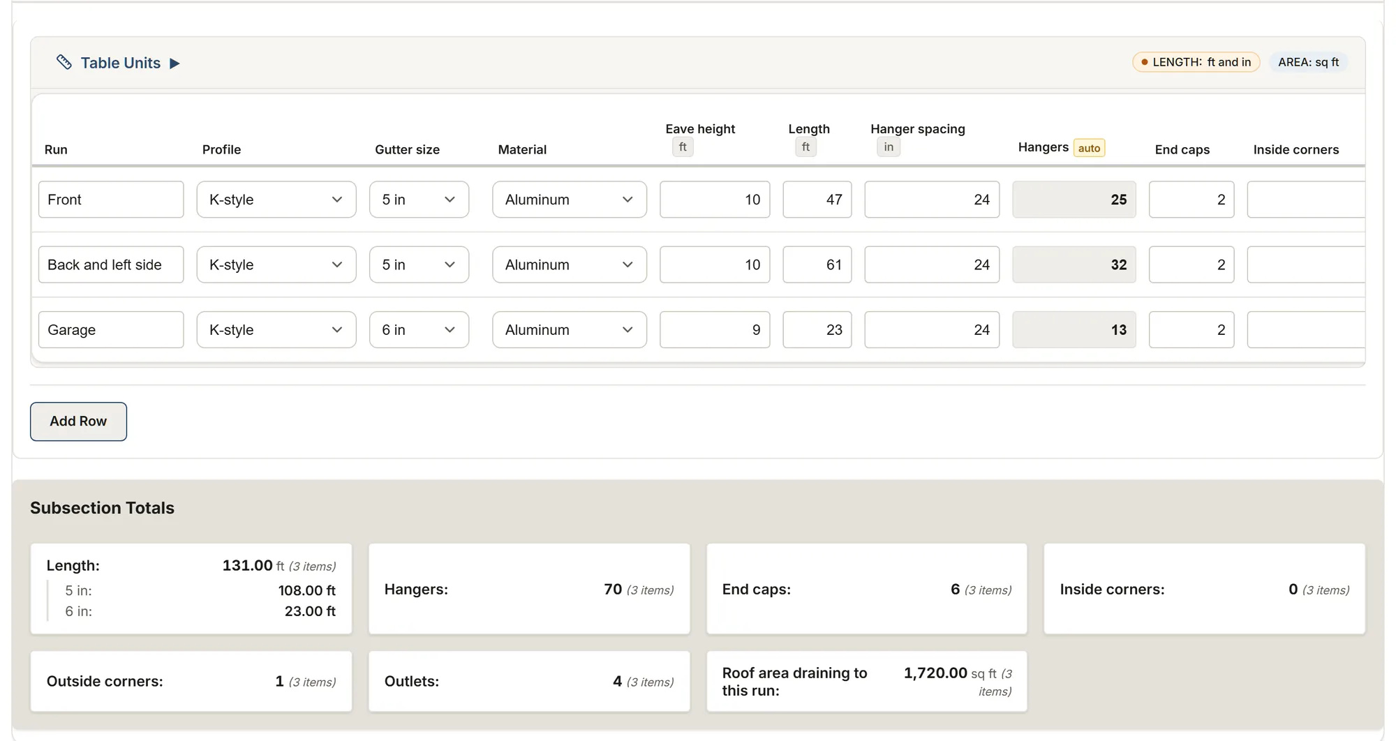 Gutters: a MesuPro sheet with calculated values and totals