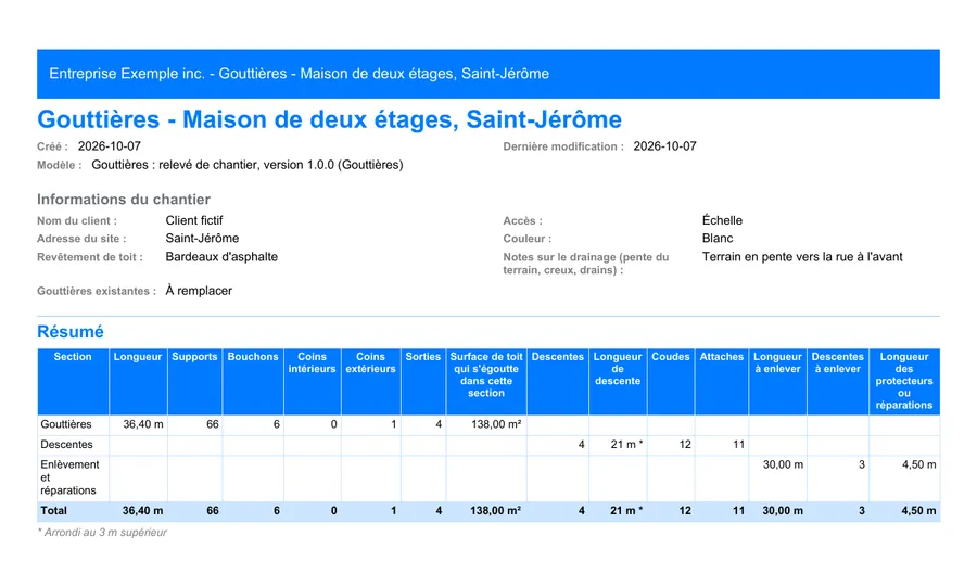Gouttières : première page du rapport PDF exporté depuis MesuPro