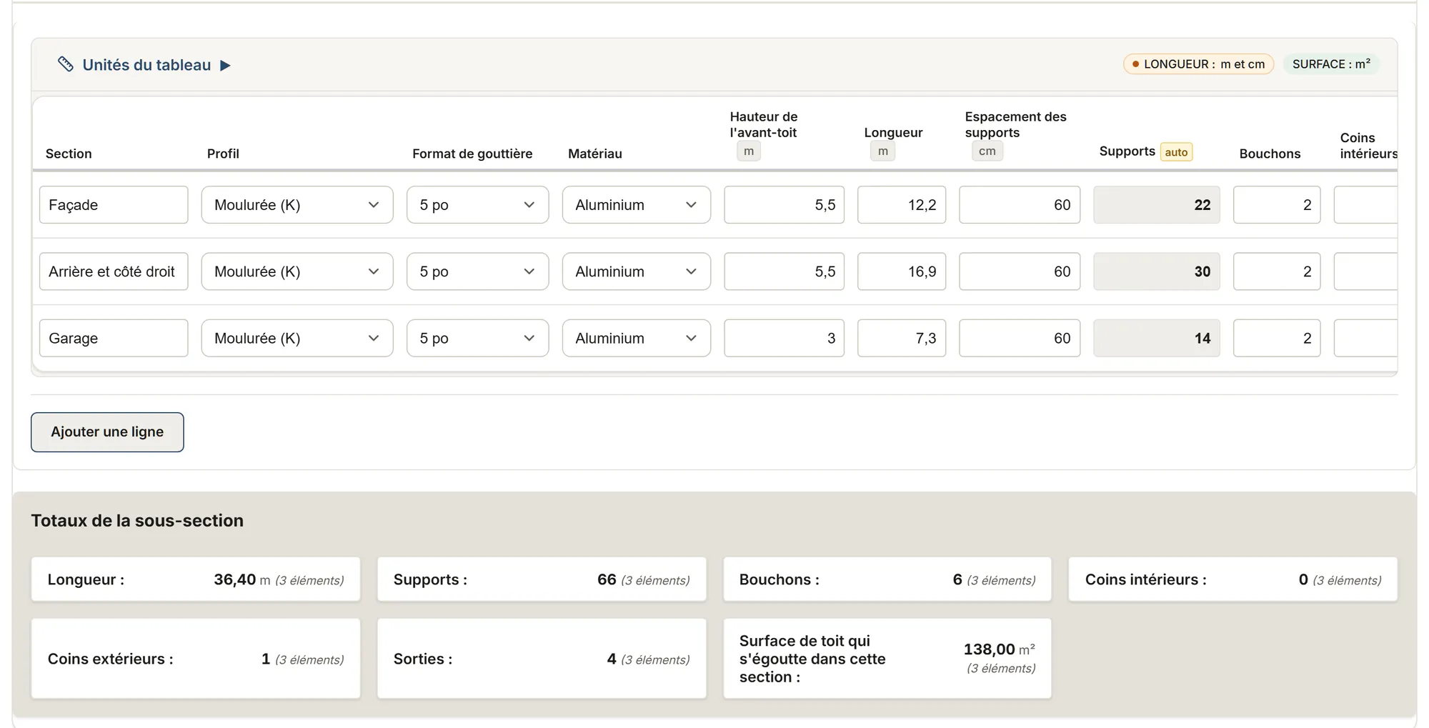 Gouttières : tableau de relevé dans MesuPro, avec les valeurs calculées et les totaux