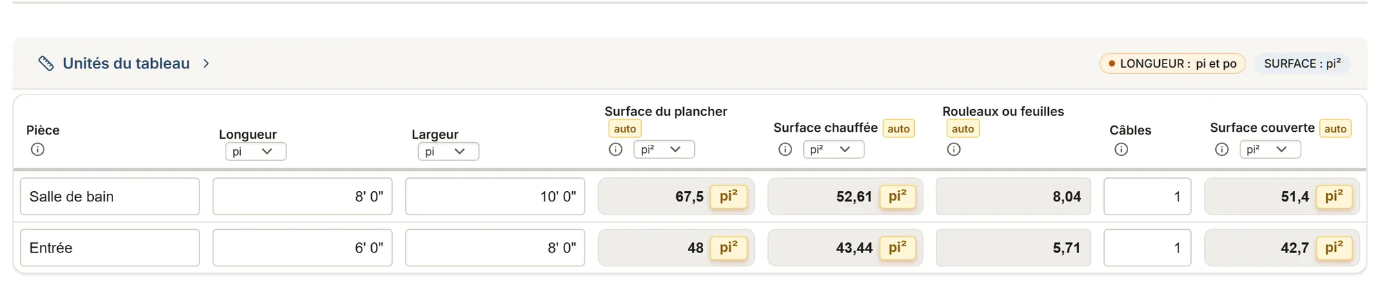 Plancher chauffant : relevé : un relevé rempli dans MesuPro