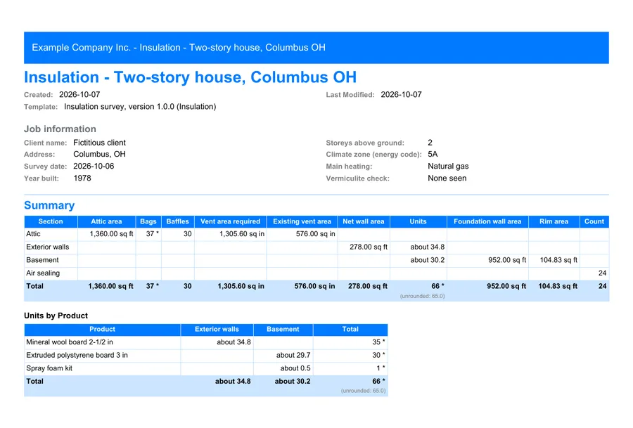 Insulation: first page of the PDF report exported from MesuPro