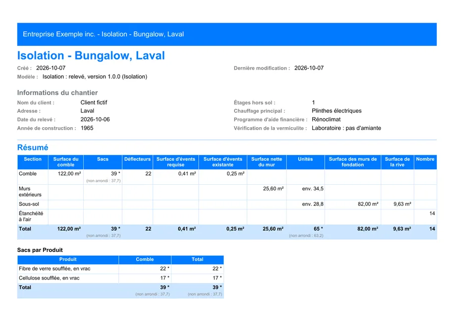 Isolation : première page du rapport PDF exporté depuis MesuPro