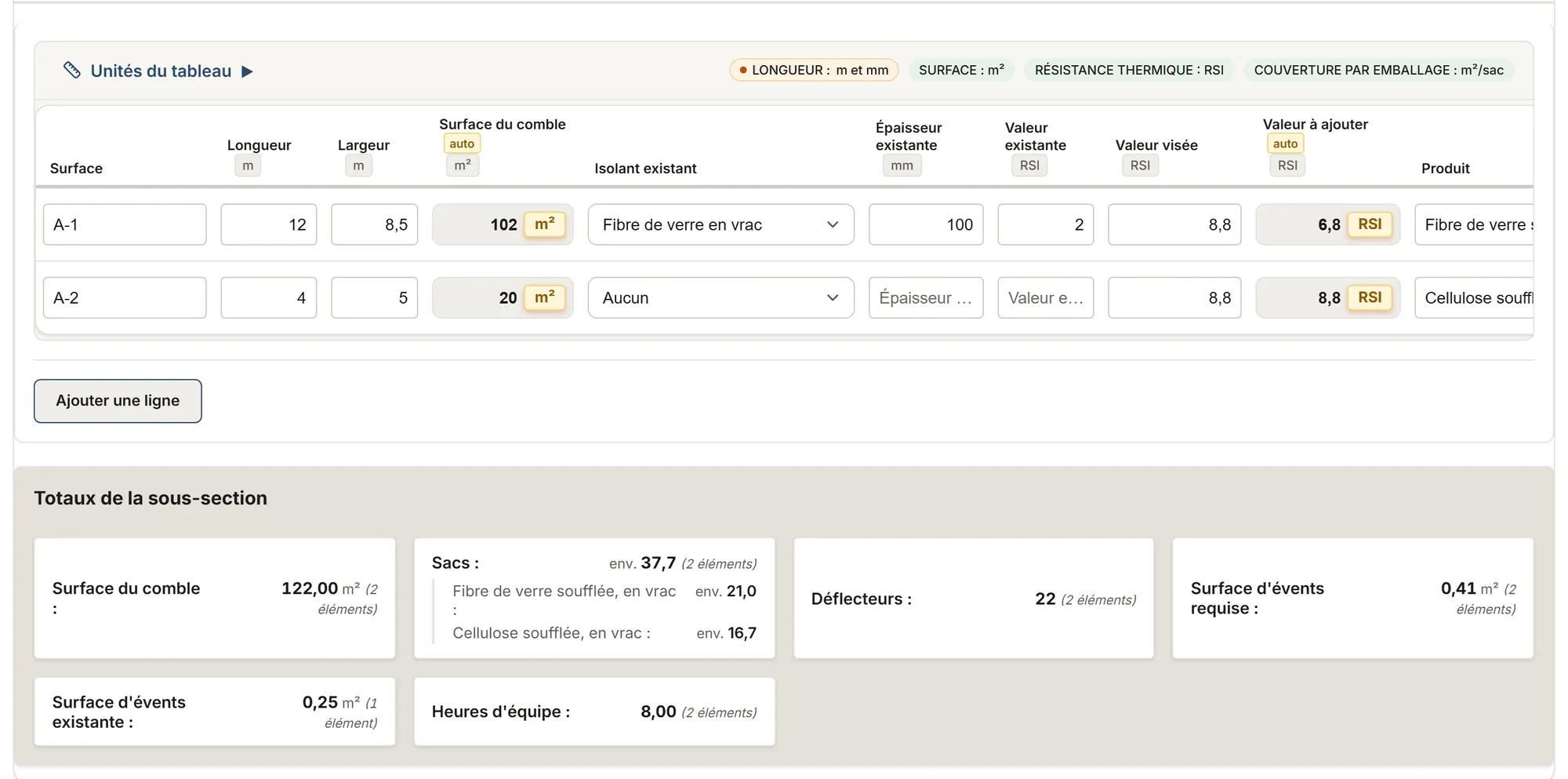 Isolation : tableau de relevé dans MesuPro, avec les valeurs calculées et les totaux