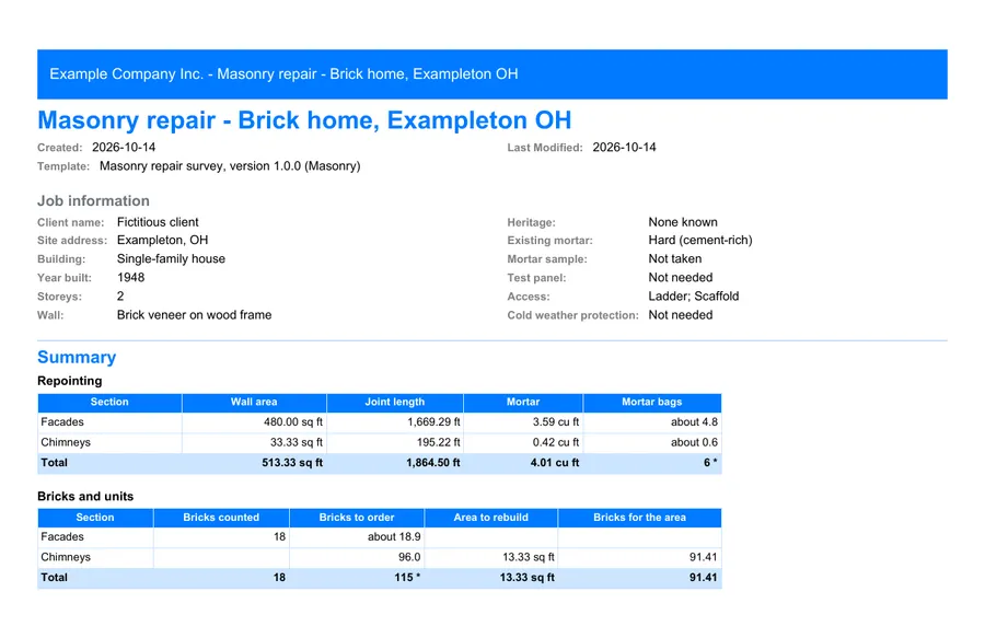 Masonry: first page of the PDF report exported from MesuPro