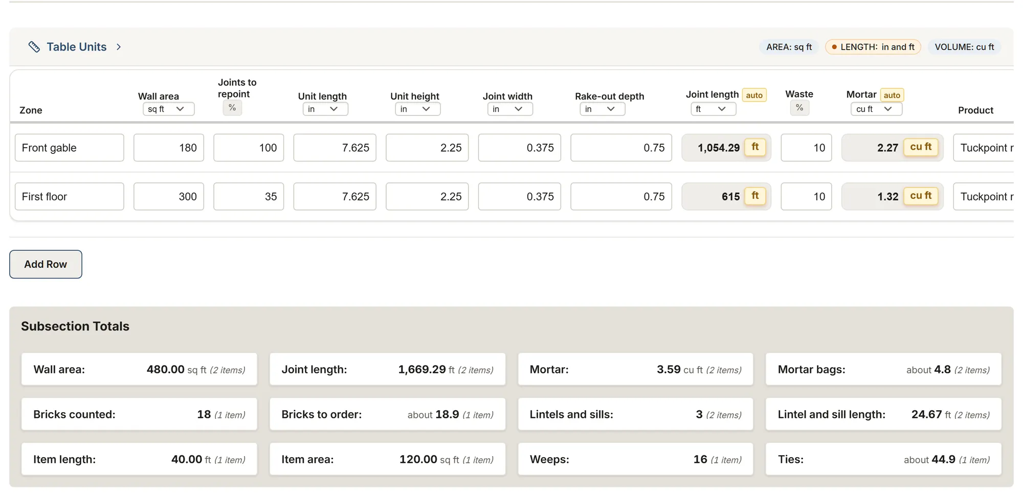 Masonry: a MesuPro sheet with calculated values and totals