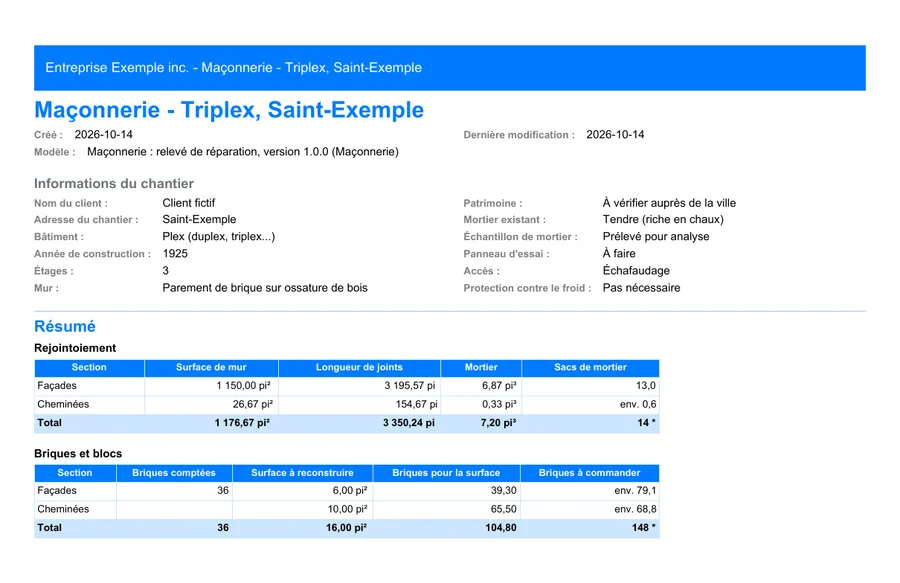 Maçonnerie : première page du rapport PDF exporté depuis MesuPro