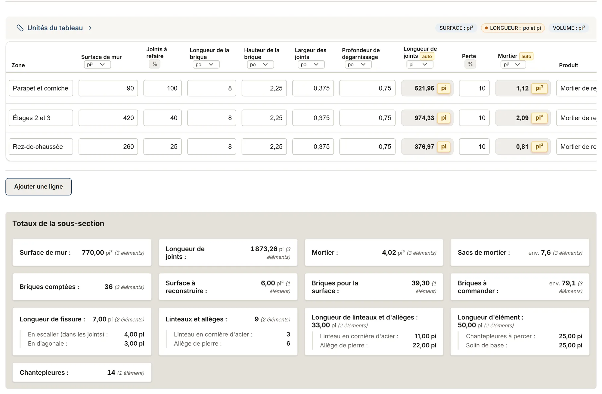 Maçonnerie : tableau de relevé dans MesuPro, avec les valeurs calculées et les totaux