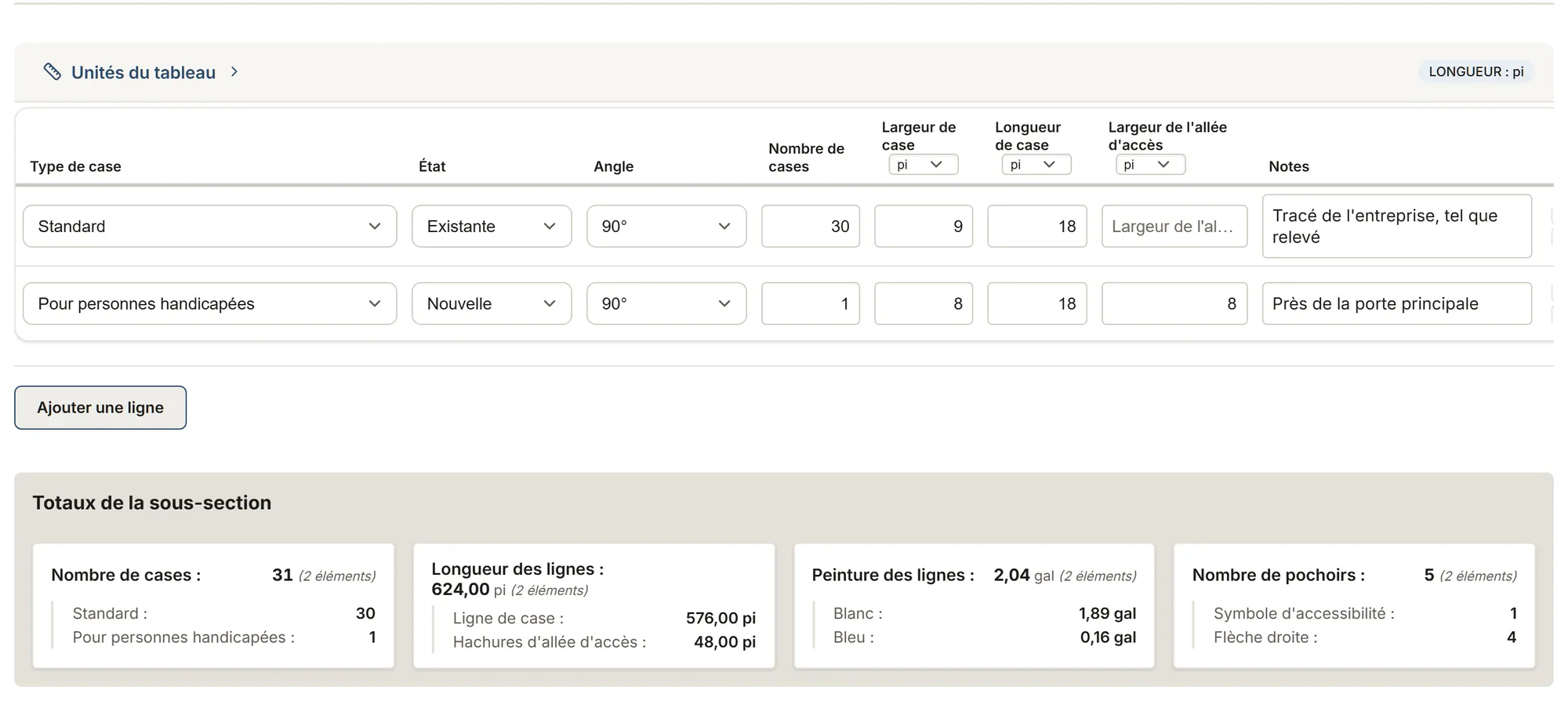 Lignage de stationnement : relevé : un relevé rempli dans MesuPro