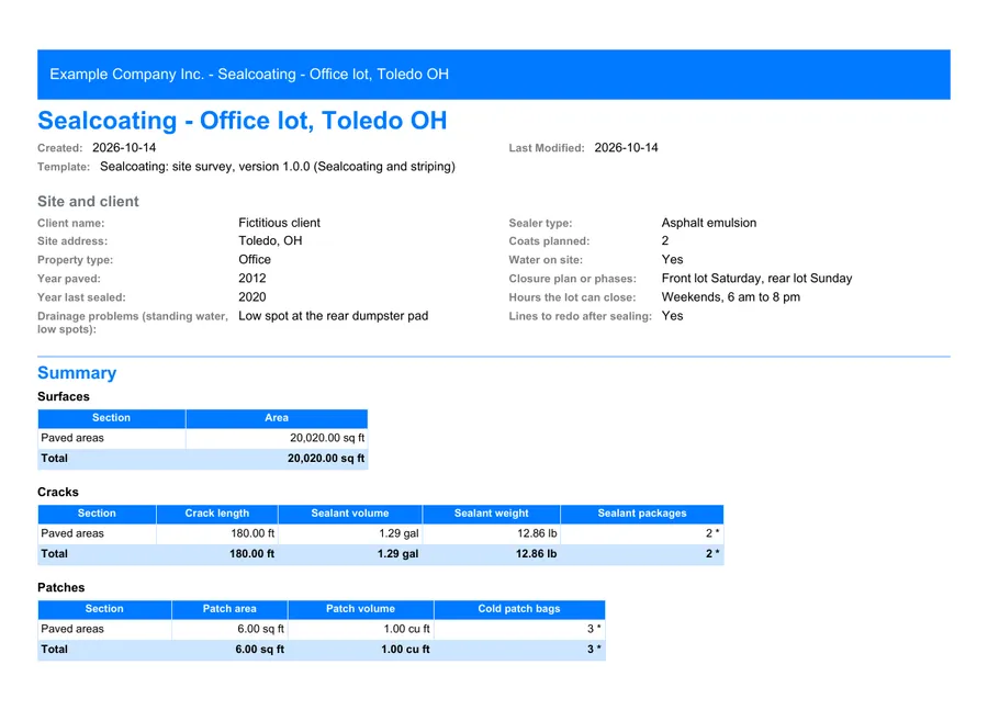 Sealcoating and striping: first page of the PDF report exported from MesuPro