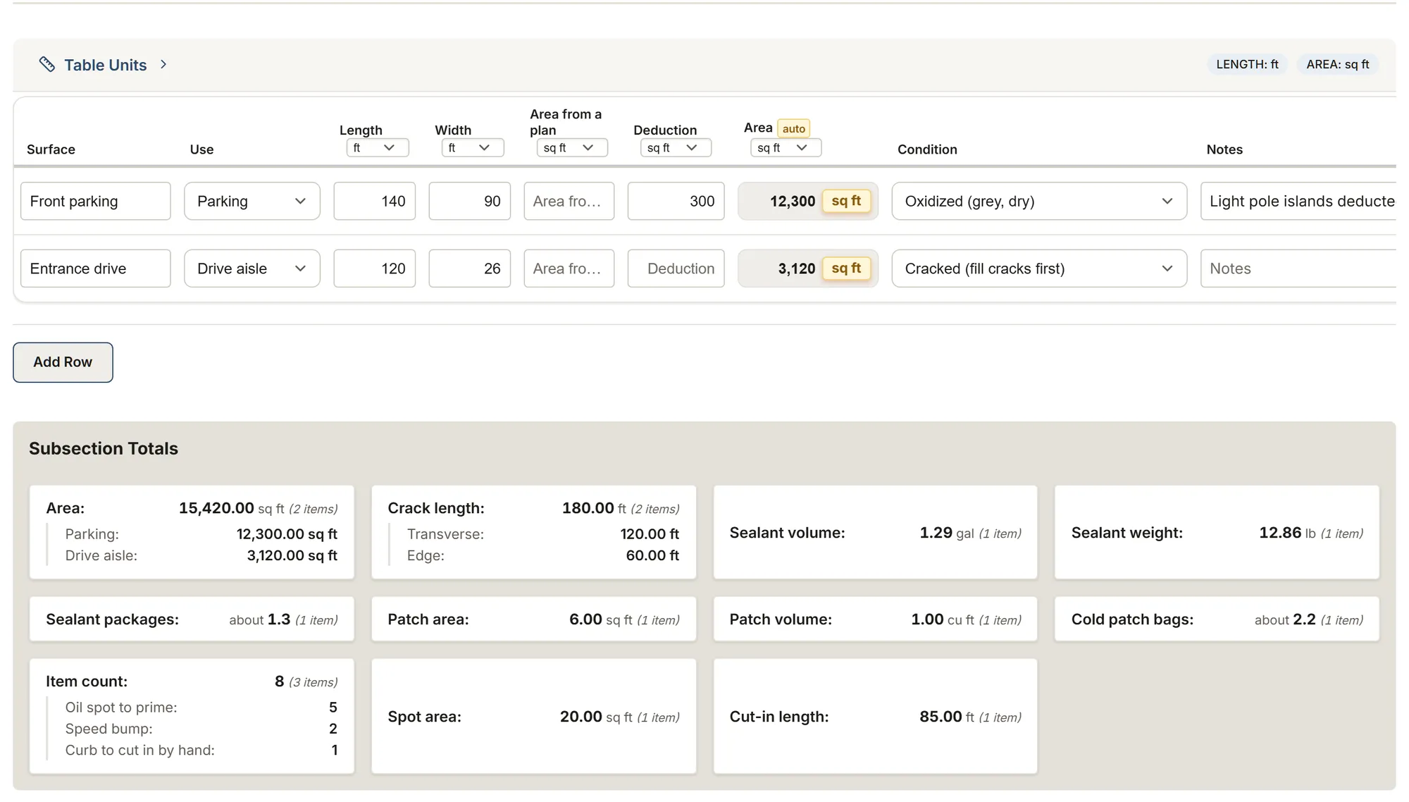 Sealcoating and striping: a MesuPro sheet with calculated values and totals