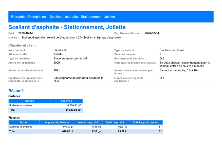 Scellant et lignage d'asphalte : première page du rapport PDF exporté depuis MesuPro