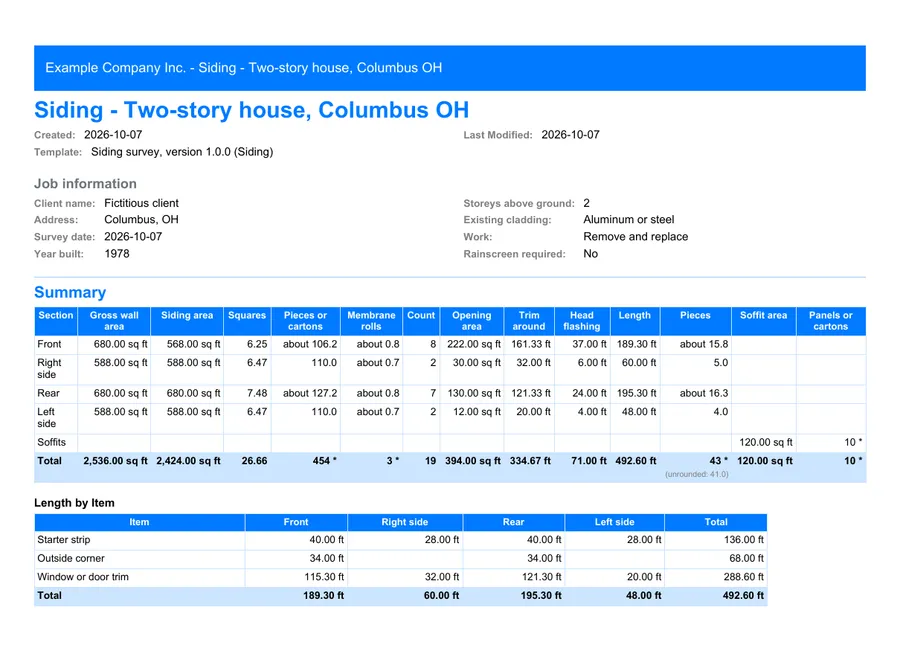 Siding: first page of the PDF report exported from MesuPro