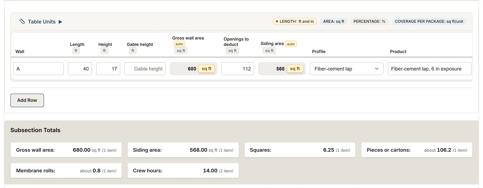 Siding: a MesuPro sheet with calculated values and totals