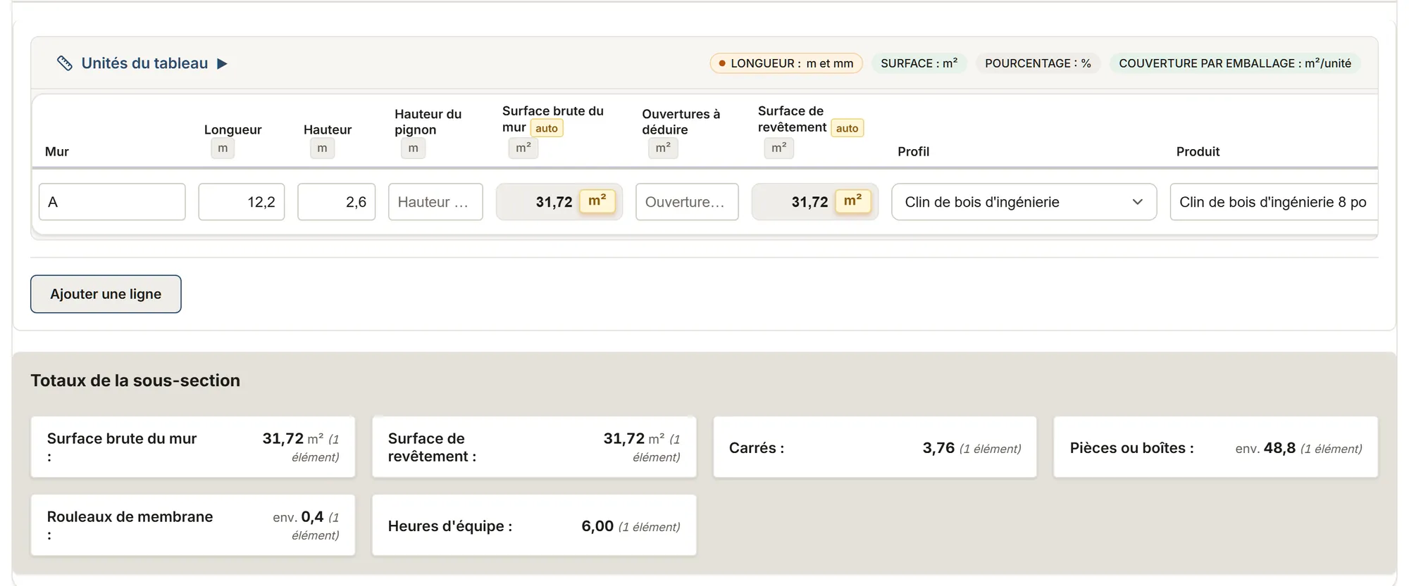 Revêtement extérieur : tableau de relevé dans MesuPro, avec les valeurs calculées et les totaux