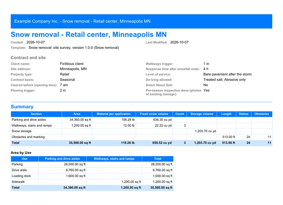 Snow removal: first page of the PDF report exported from MesuPro