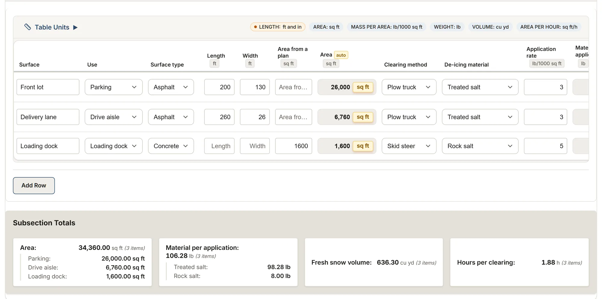 Snow removal: a MesuPro sheet with calculated values and totals