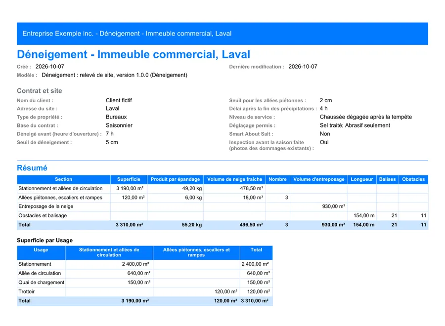 Déneigement : première page du rapport PDF exporté depuis MesuPro