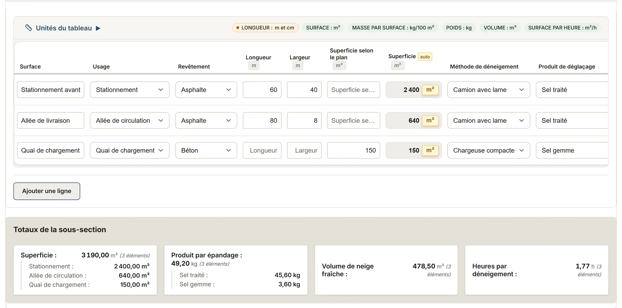 Déneigement : tableau de relevé dans MesuPro, avec les valeurs calculées et les totaux
