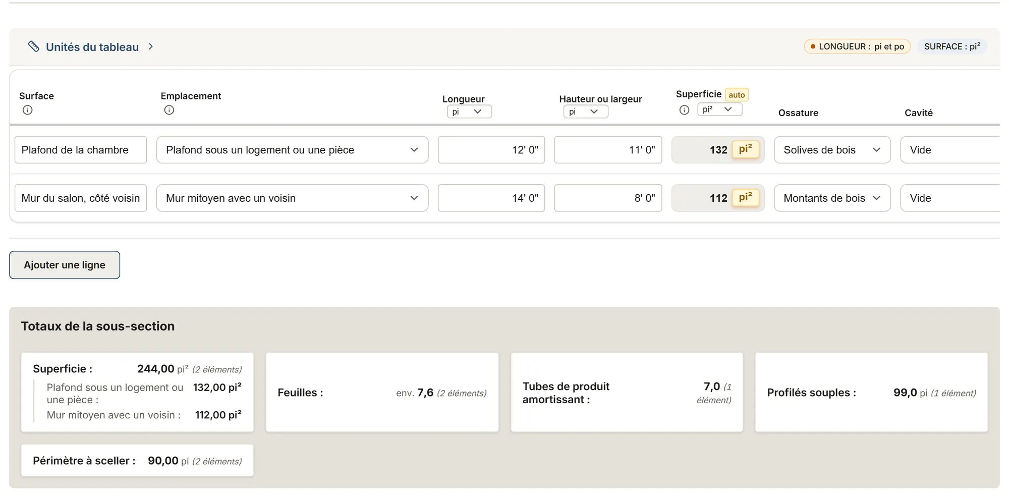 Insonorisation : relevé : un relevé rempli dans MesuPro