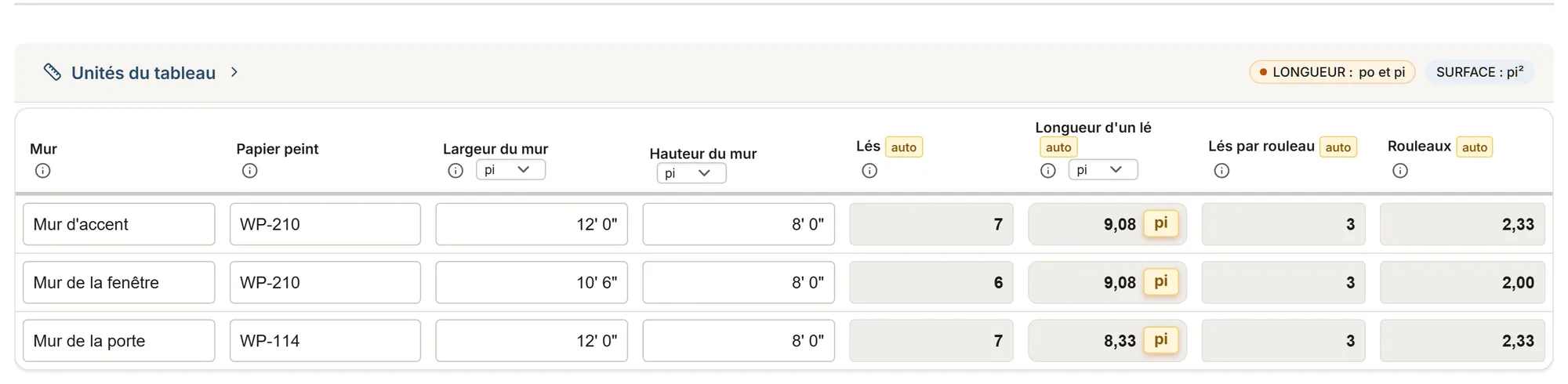 Papier peint : relevé de pose : un relevé rempli dans MesuPro