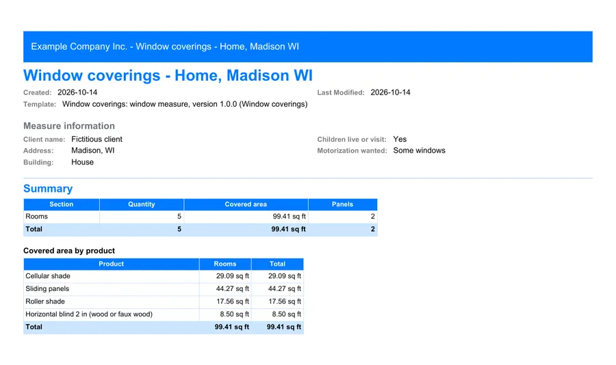 Window coverings: first page of the PDF report exported from MesuPro