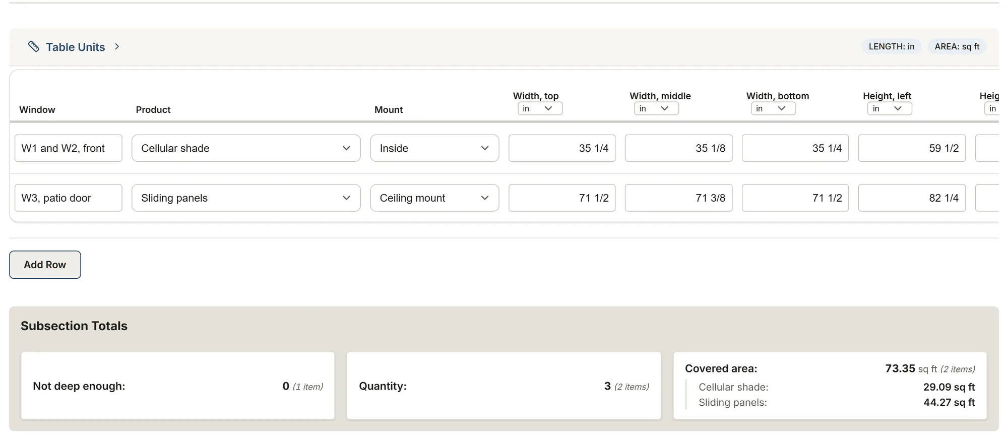 Window coverings: a MesuPro sheet with calculated values and totals