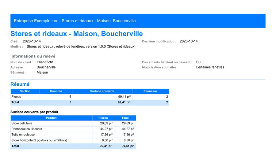 Stores et rideaux : première page du rapport PDF exporté depuis MesuPro
