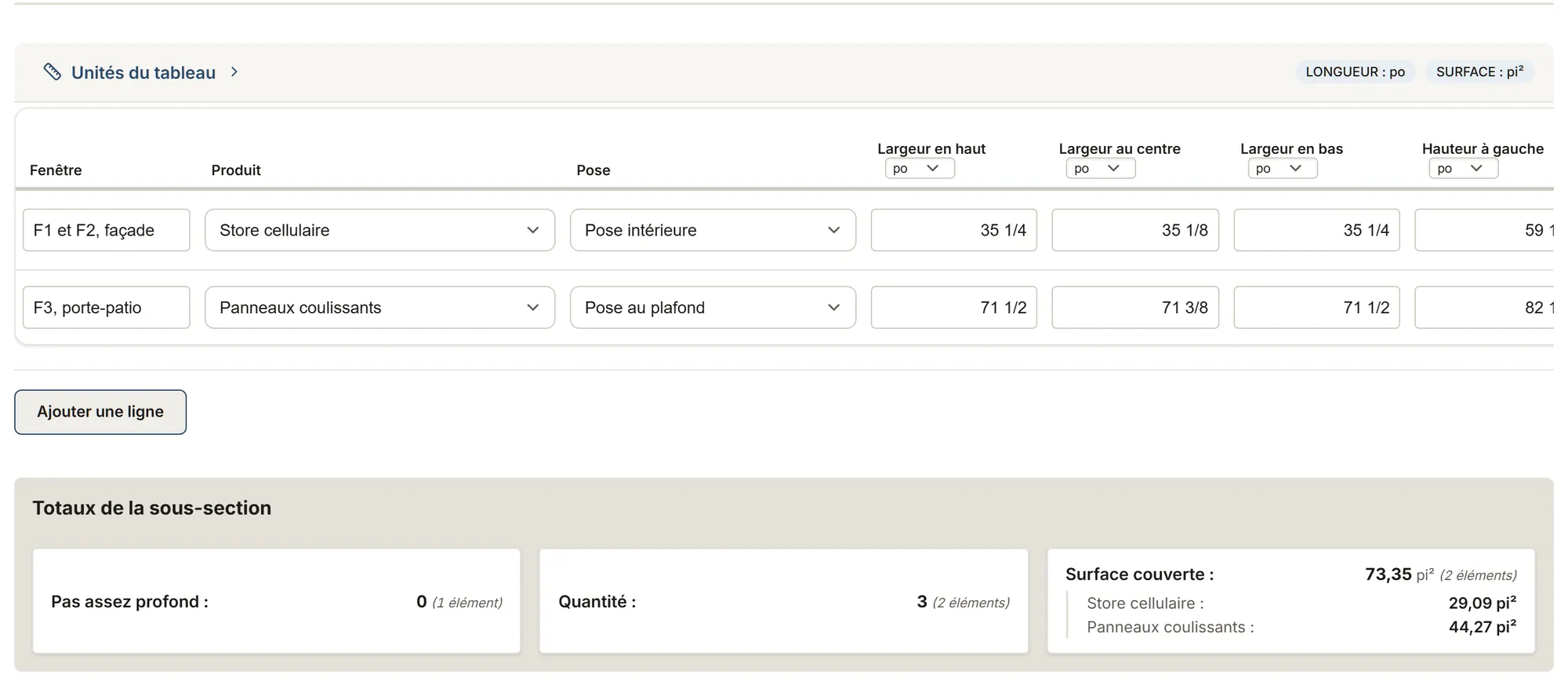 Stores et rideaux : tableau de relevé dans MesuPro, avec les valeurs calculées et les totaux