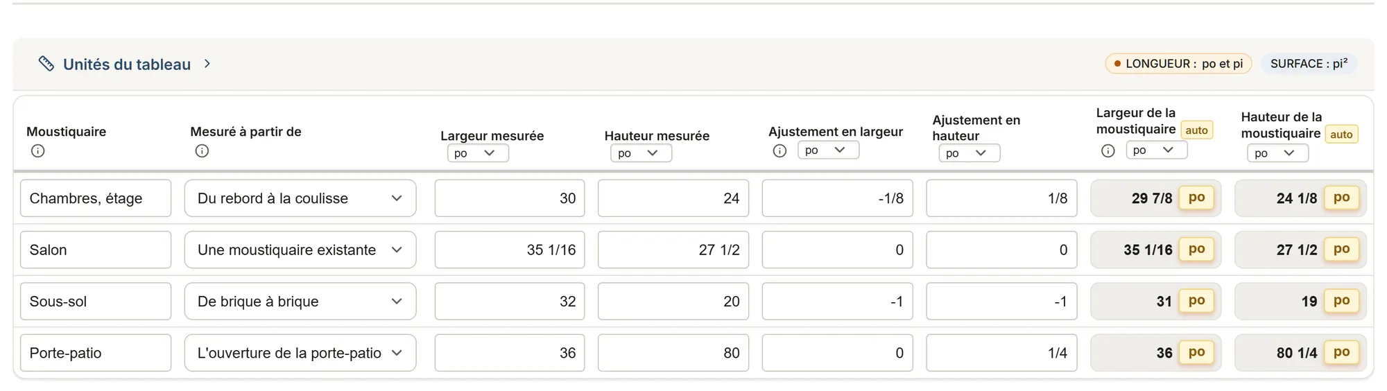 Moustiquaires : relevé : un relevé rempli dans MesuPro