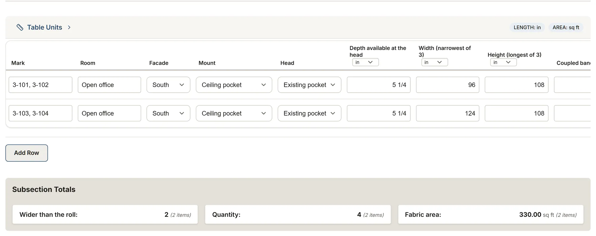 Commercial shades: schedule by floor: a filled-in survey in MesuPro