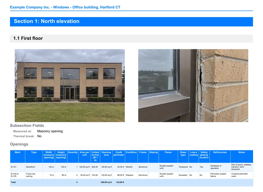 A page of a building survey PDF made with MesuPro: the north elevation of an office building, a close-up of a failed perimeter joint, then the openings with their size, condition and deficiencies