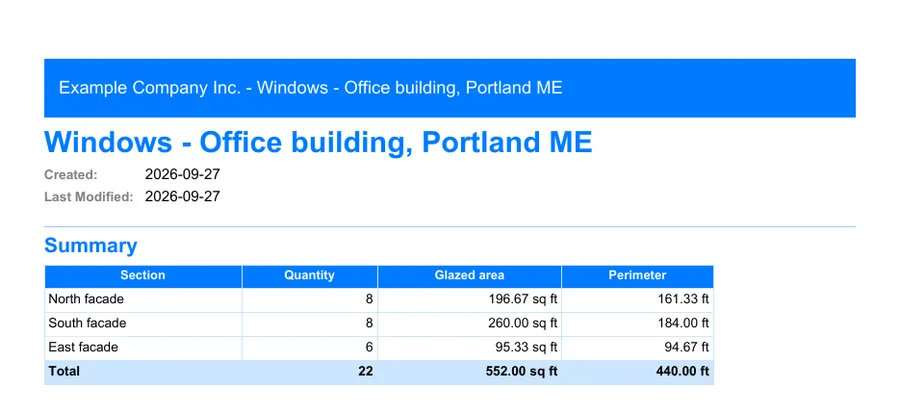 Windows and window film: first page of the PDF report exported from MesuPro