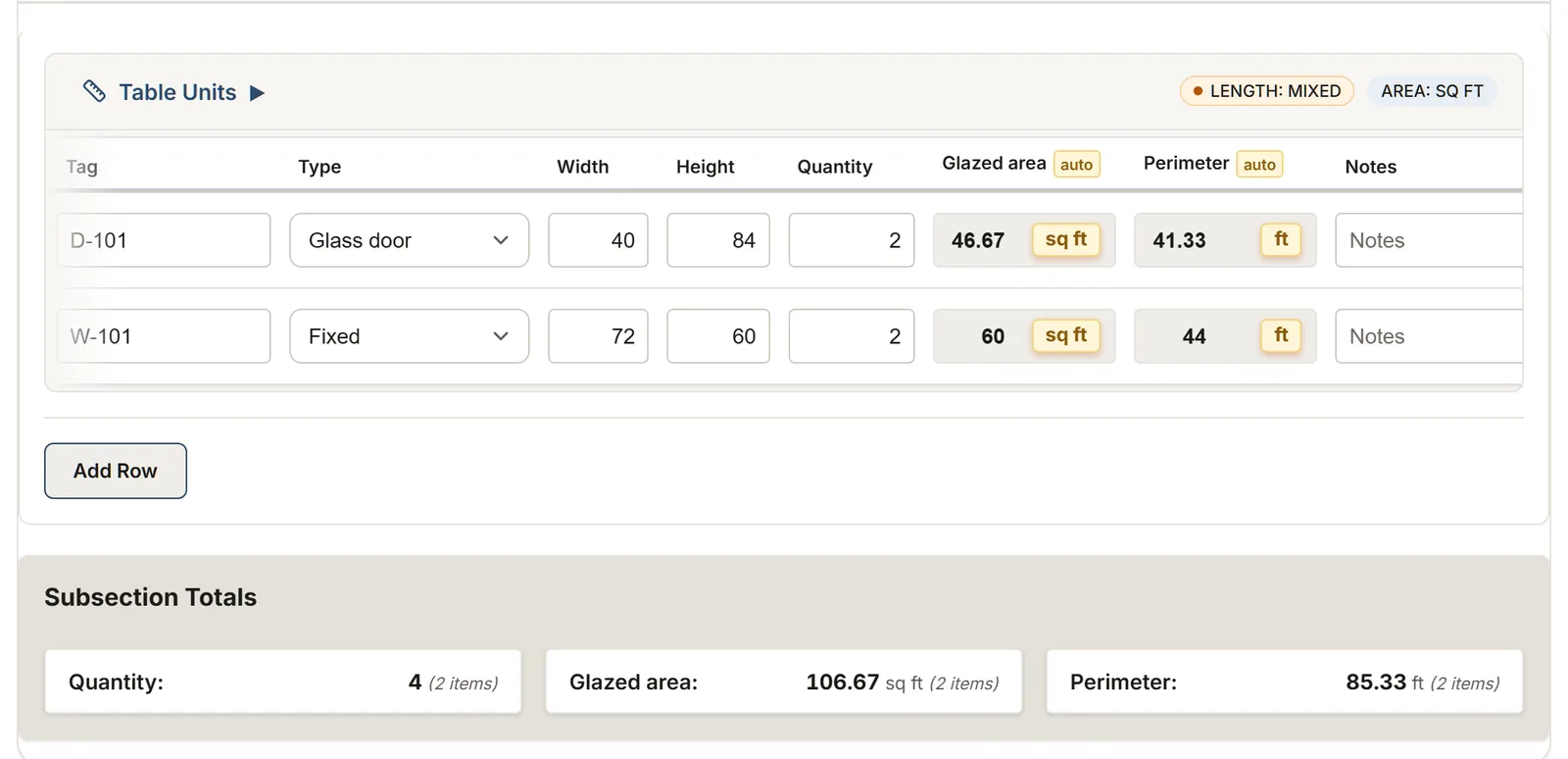 Windows and window film: a MesuPro sheet with calculated values and totals