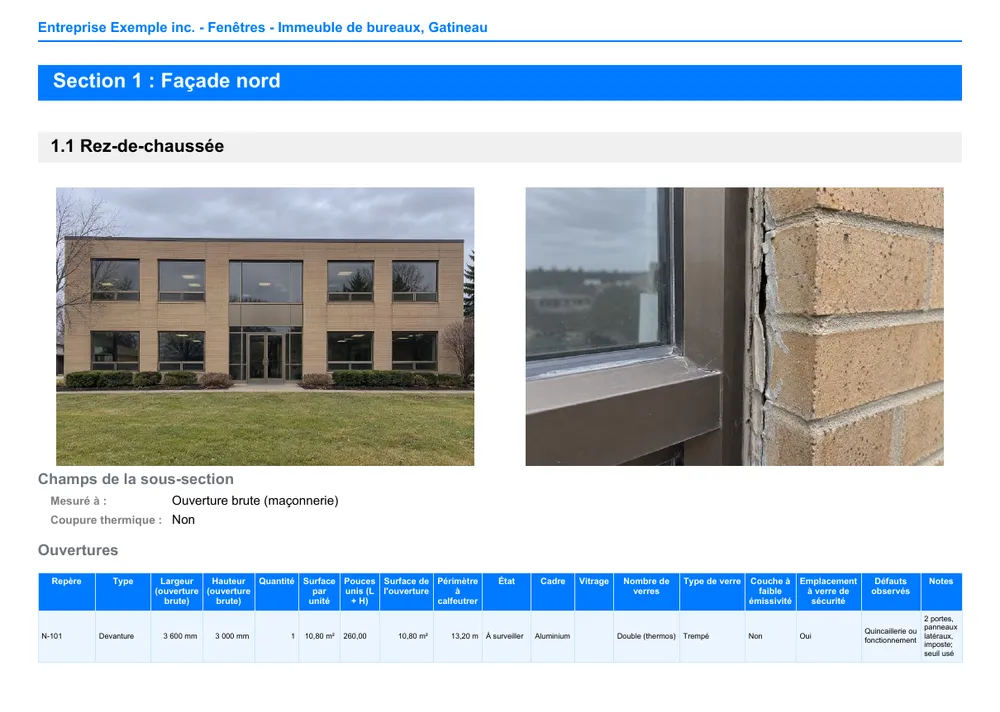 Une page d'un PDF de relevé de bâtiment fait avec MesuPro : la façade nord d'un immeuble de bureaux, un gros plan d'un joint de périmètre défaillant, puis les ouvertures avec leurs dimensions, leur état et leurs défauts