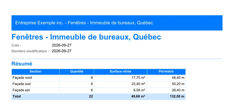 Fenêtres et pellicule : première page du rapport PDF exporté depuis MesuPro
