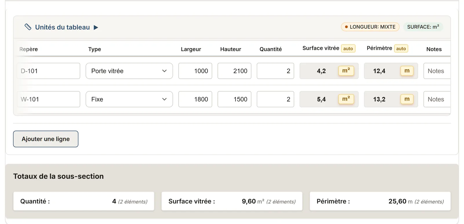 Fenêtres et pellicule : tableau de relevé dans MesuPro, avec les valeurs calculées et les totaux